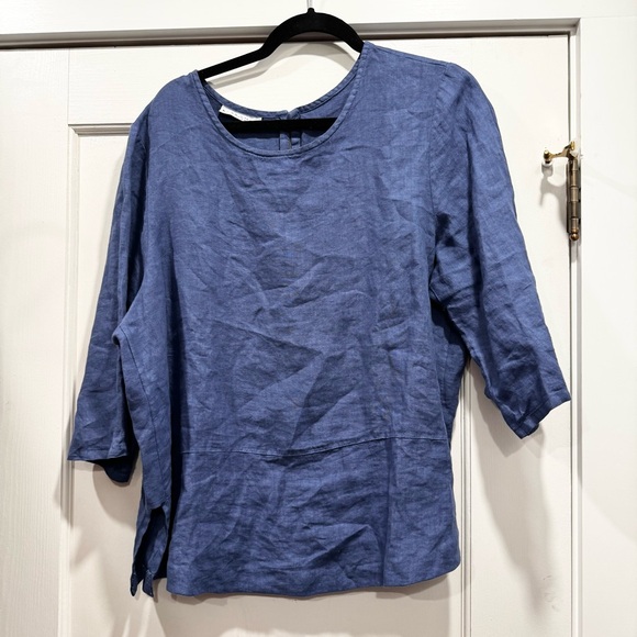 Bryn Walker 100% linen blue 3/4 sleeve top Large Lagenlook Artist Boxy Boho - Picture 1 of 9